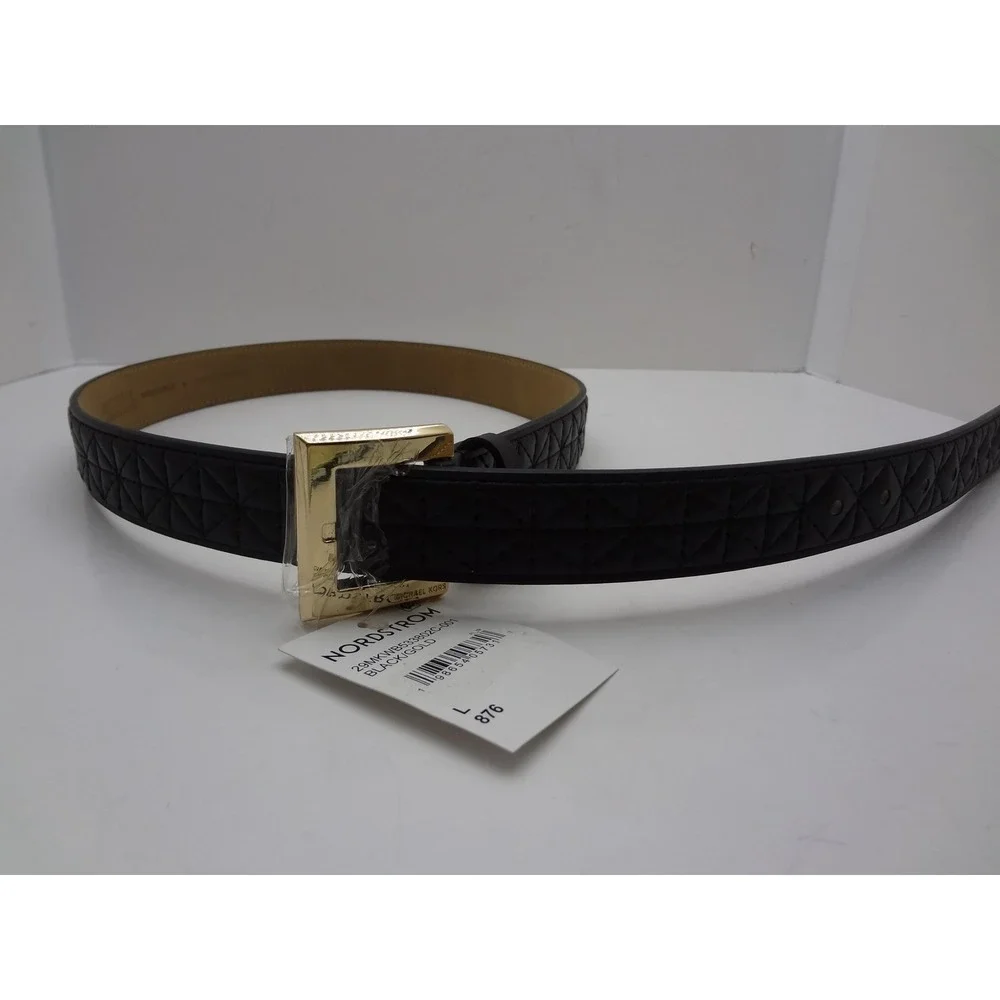 NWT Michael Kors Womens‎ Black Quilted Leather Belt Gold Buckle Large